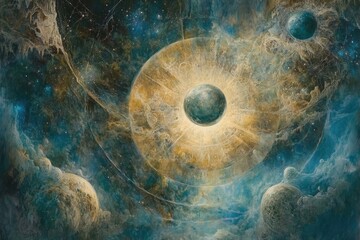 Poster - Cosmic Landscape with a Glowing Orb and Planets