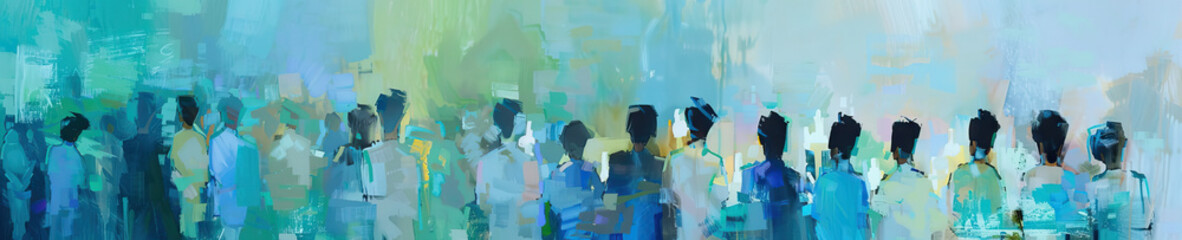 An abstract painting of Catholic parishioners gathered for a prayer service, their figures blending seamlessly into the soft blue and green palette.