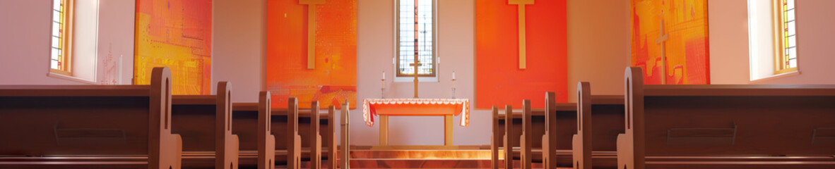 A row of kneeling pews in a quaint country chapel, adorned with simple golden crosses and flanked by vibrant red-orange abstract artwork.