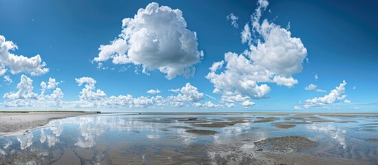 Wall Mural - Beautiful Panoramic View Over The Wadden Sea At Very Low Tide With A Blue Sky