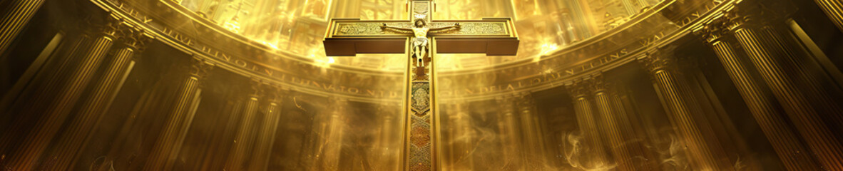 An elaborate gilded cross, standing tall against a golden background, symbolizing faith and devotion in a European cathedral.