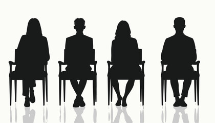 Wall Mural - Silhouettes of four people sitting on chairs in a row, conveying a sense of waiting or contemplation.