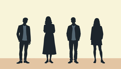 Wall Mural - Silhouettes of a group of four people, two men and two women, standing against a minimalist background.