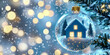© Diffin - Festive Christmas tree ornament featuring a small home inside a glass bauble with a snowy pine tree backdrop, glowing warmly against a blurred, illuminated background.
