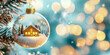 © Diffin - Festive Christmas tree ornament featuring a small home inside a glass bauble with a snowy pine tree backdrop, glowing warmly against a blurred, illuminated background.
