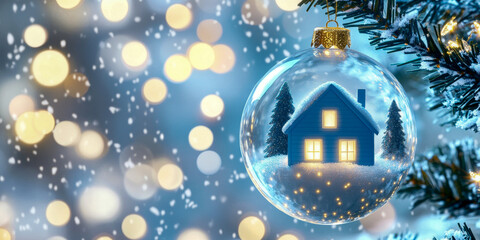Wall Mural - Festive Christmas tree ornament featuring a small home inside a glass bauble with a snowy pine tree backdrop, glowing warmly against a blurred, illuminated background.