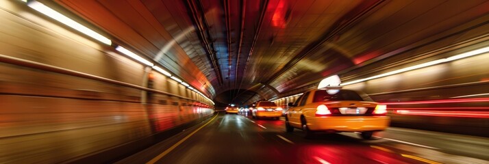 Poster - A taxi swiftly navigating a tunnel while overtaking other cars.