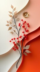 Poster - Red Berries and Golden Flower on White and Orange Background