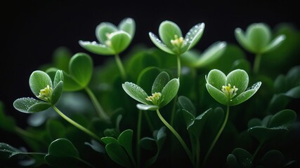 Beautiful green grass with dew drops, blooming flowers, and fresh leaves in a vibrant spring garden