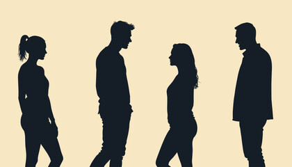 Wall Mural - Silhouettes of two men and two women standing and facing each other against a beige background.