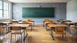 © Collection - Empty classroom with blackboard, wooden table, and chairs