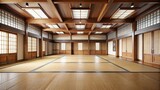Spacious room with traditional interior for martial arts practicing in a dojo or karate school hall setting, perfect for indoor backgrounds with copy space