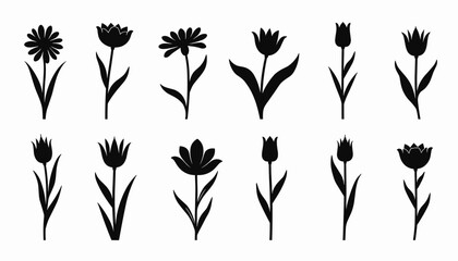 Wall Mural - set of twelve black floral silhouettes featuring various flower types on a white background.