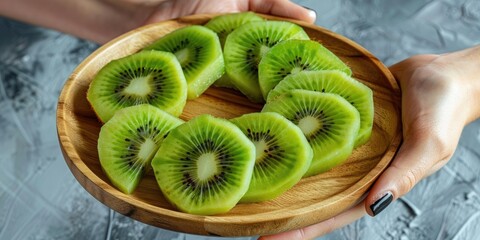 Sticker - Woman hand holding a wooden plate with slices of fresh green kiwi fruit Healthy eating concept