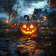 © nil - halloween pumpkin on the grave ,Halloween pumpkins in the forest at night.Halloween background with Evil Pumpkin. Spooky scary dark Night forrest. Holiday event halloween banner background concept