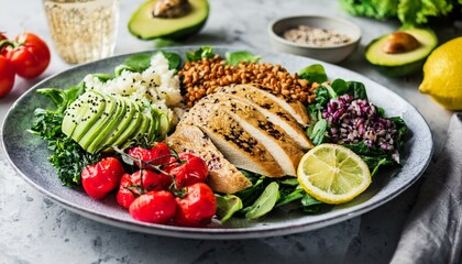 A vibrant weight loss meal features a plate with grilled chicken, leafy greens, avocado, cherry tomatoes, and quinoa, complemented by infused water and a clean kitchen backdrop.