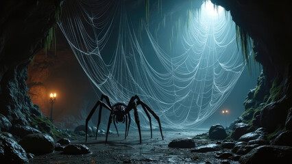 Giant spider lurking in a dark cave with intricate webs glowing under eerie lighting at night. Generative AI