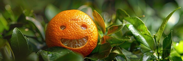 Poster - Close-up of a mandarin orange featuring a playful face carved into its skin, creating a whimsical element among lush green leaves.