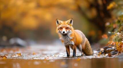 A red fox stands in a stream. Perfect for illustrating wildlife and nature documentaries, websites, or social media posts.