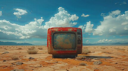  Abandoned television in the Desert on a Cloudy Day, 3D illustration