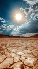 Poster - A vast desert landscape under a scorching sun, with the ozone layer depicted as a shimmering, translucent barrier in the sky