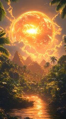 Canvas Print - A vibrant tropical island scene with the ozone layer depicted as a glowing, protective dome in the sky. The dome filters the sunlight, creating a warm,