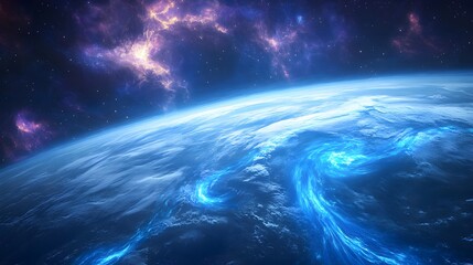 Wall Mural - A view of Earth from space, with the ozone layer prominently visible as a glowing halo around the planet