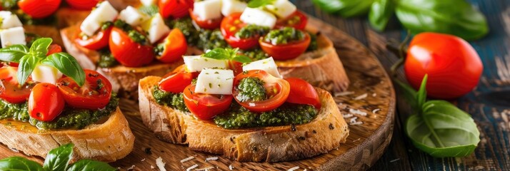 Poster - Bruschetta featuring cherry tomatoes, mozzarella cheese, and pesto sauce served on a wooden platter, ideal as a classic appetizer or antipasto.