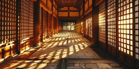 Sticker - Japanese architectural buildings with geometric design illuminated by winter sunlight