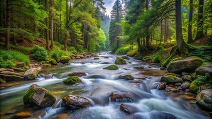 Wall Mural - Serene mountain river stream in lush forest