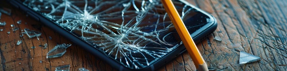 Smartphone with a cracked display and broken pencil illustrating the concept of bullying