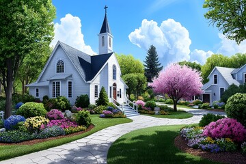 Wall Mural - Watercolor illustration of a peaceful countryside church with a quaint steeple and blossoming gardens, high-quality, inviting charm, spiritual serenity