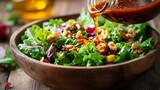 Gourmet Salad: Close-Up of Fresh Greens, Nuts & Drizzle