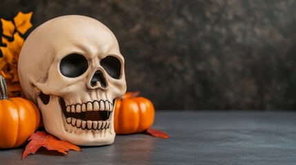 halloween skull with pumpkins and autumn leaves on grey background for scary festive design