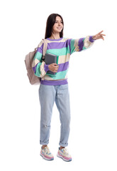 Poster - Cute teenage girl with backpack and books on white background