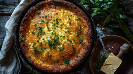 a baked dish with cheese and herbs on a wooden table