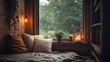 © Tonadech - Warm cozy nook by large window during rain soft vintage lighting rustic tones