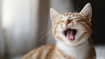 Adorable tabby kitten yawning with eyes closed, sitting peacefully