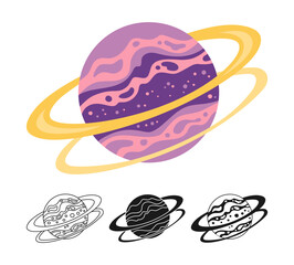 Wall Mural - Fantasy Planet with ring cartoon set for children. Fantastic cosmos sign icon linear design. Abstract fantastic doodle galaxy comic kids planet symbol. Vector celestial space sphere for website app