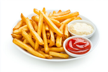 French fries - fried potatoes with ketchup and sauce , tasty food on white background, fast food menu concept, delivery box, takeaway food concept.