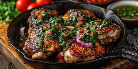 Chimichurri Chicken Thighs Served on a Cast Iron Pan Ready to Enjoy