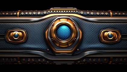 Futuristic Metallic Panel with Blue Eye and Gold Accents