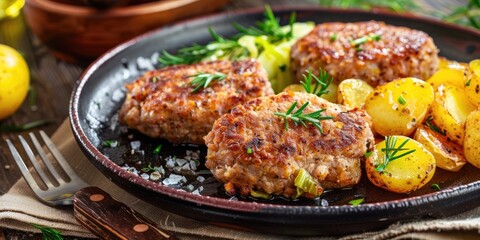 Wall Mural - Minced Meat Cutlet with Boiled Cabbage and Potatoes Shallow Depth of Field