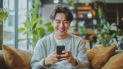 vibrant commercial image of a happy southeast asian man, sitting on a contemporary sofa in a bright 