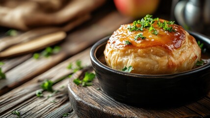 Wall Mural - Delicious baked pastry topped with fresh parsley on rustic wooden table