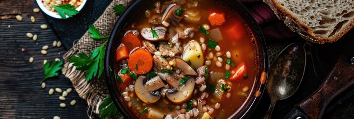 Canvas Print - Homemade Soup with Forest Mushrooms, Pork, Vegetables, and Pearl Barley in a Russian Style