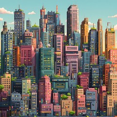 Sticker - Colorful Urban Skyline with Vibrant Buildings and Green Rooftops.