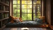 © Tonadech - Rustic vintage reading nook by large window on rainy day warm lighting