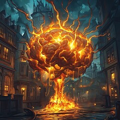 Poster - Fiery Brain Explosion in a City Street.