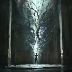 Wall Mural - A Silhouette Stands Before a Glowing Tree in a Dark Hallway.